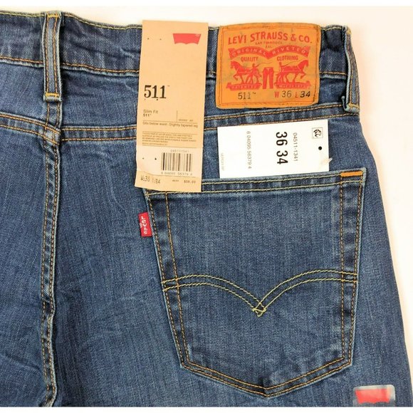 Levis 511 Slim Fit Tapered Leg Mens 36x34 Blue Jeans Distressed Denim Red Tab - Picture 11 of 12